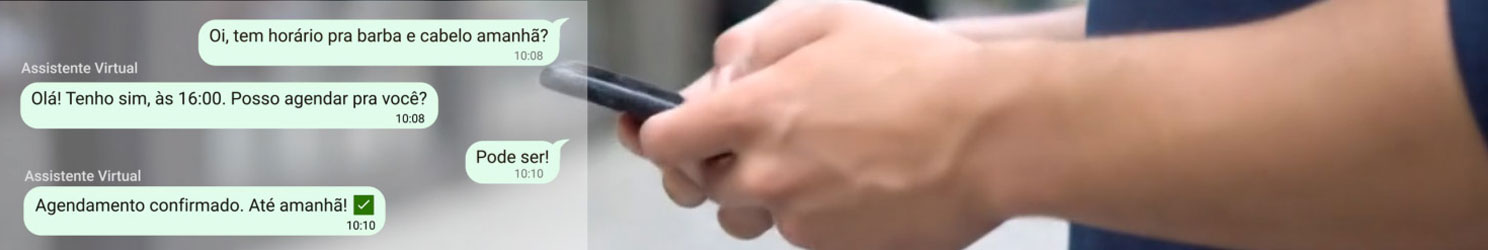Celular mostrando uma conversa de agendamento com a IA da Agenda Virtual no WhatsApp